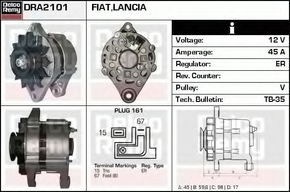 Imagine Generator / Alternator DELCO REMY DRA2101