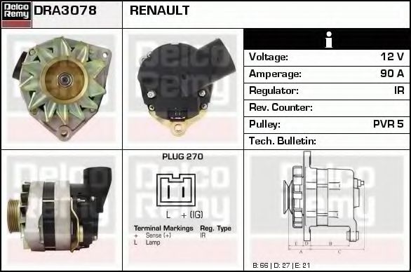 Imagine Generator / Alternator DELCO REMY DRA3078