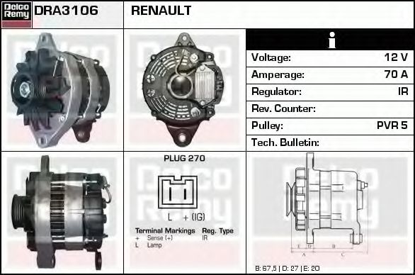 Imagine Generator / Alternator DELCO REMY DRA3106