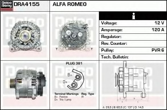 Imagine Generator / Alternator DELCO REMY DRA4155