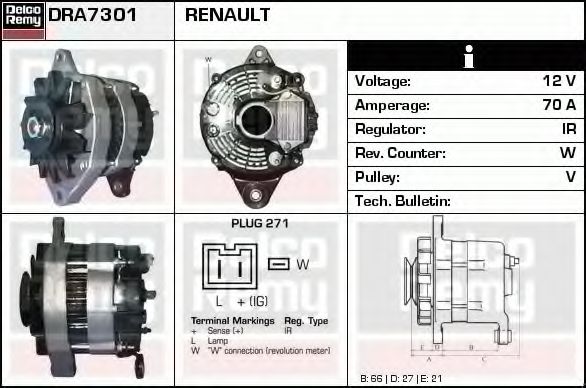 Imagine Generator / Alternator DELCO REMY DRA7301