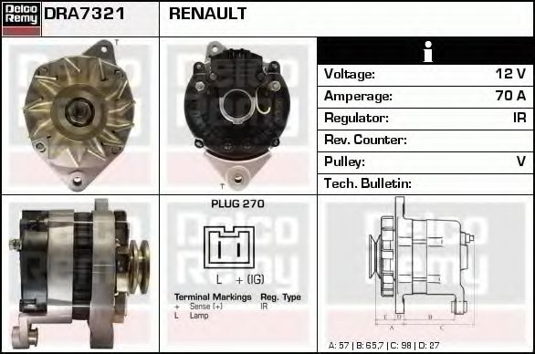 Imagine Generator / Alternator DELCO REMY DRA7321